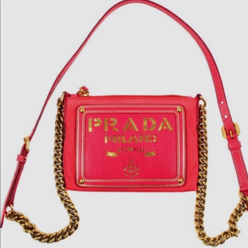 Prada Tessuto Logo Gold Chain Crossbody